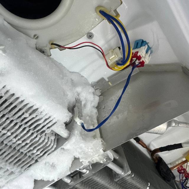 Evaporator coil packed with frost behind the freezer panel